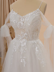 Wedding Dress Styles 2023, A-line Tulle Cold Shoulder Appliques Lace Chapel Train Wedding Dress