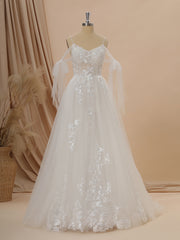 Wedding Dresses Custom, A-line Tulle Cold Shoulder Appliques Lace Chapel Train Wedding Dress