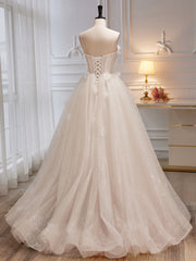 Beauty Dress Design, A-Line Tulle Flower Light Champagne Long Prom Dresses, Shiny Formal Dresses