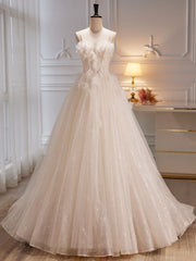 Bridesmaid Gown, A-Line Tulle Flower Light Champagne Long Prom Dresses, Shiny Formal Dresses