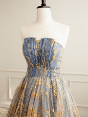Evening Dress Gowns, A-Line Tulle Gold/Blue Long Prom Dress, Blue Formal Evening Dress
