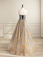 Evening Dresses Gown, A-Line Tulle Gold/Blue Long Prom Dress, Blue Formal Evening Dress