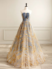 Evening Dress Gown, A-Line Tulle Gold/Blue Long Prom Dress, Blue Formal Evening Dress