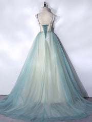 Prom Dress Online, A-Line Tulle Green Long Prom Dress, Green Graduation Dress with Sweep Train