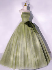 Prom Dresses With Short, A Line Tulle Green Long Prom Dress, Green Tulle Evening Party Dresses