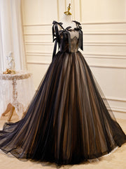 Prom Dresses Gown, A-Line Tulle Lace Black Long Prom Dress, Black Formal Evening Dresses