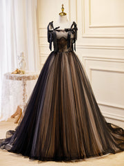 Prom Dress Gown, A-Line Tulle Lace Black Long Prom Dress, Black Formal Evening Dresses