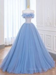 Homecoming Dresses Sage Green, A-Line Tulle Lace Blue Long Prom Dress, Blue Lace Long Formal Dress