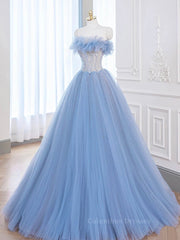 Homecoming Dresses, A-Line Tulle Lace Blue Long Prom Dress, Blue Lace Long Formal Dress