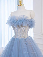 Homecoming Dresses Business Casual Outfits, A-Line Tulle Lace Blue Long Prom Dress, Blue Lace Long Formal Dress