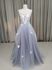 Evening Gown, A line Tulle Lace Long Formal Dress, Lace Tulle Prom Dress