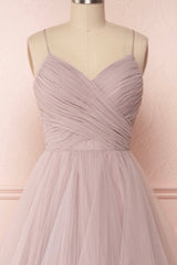 Prom Dresses Cute, A-Line Tulle Layers Long Formal Dress, Cute V-Neck Evening Party Dress