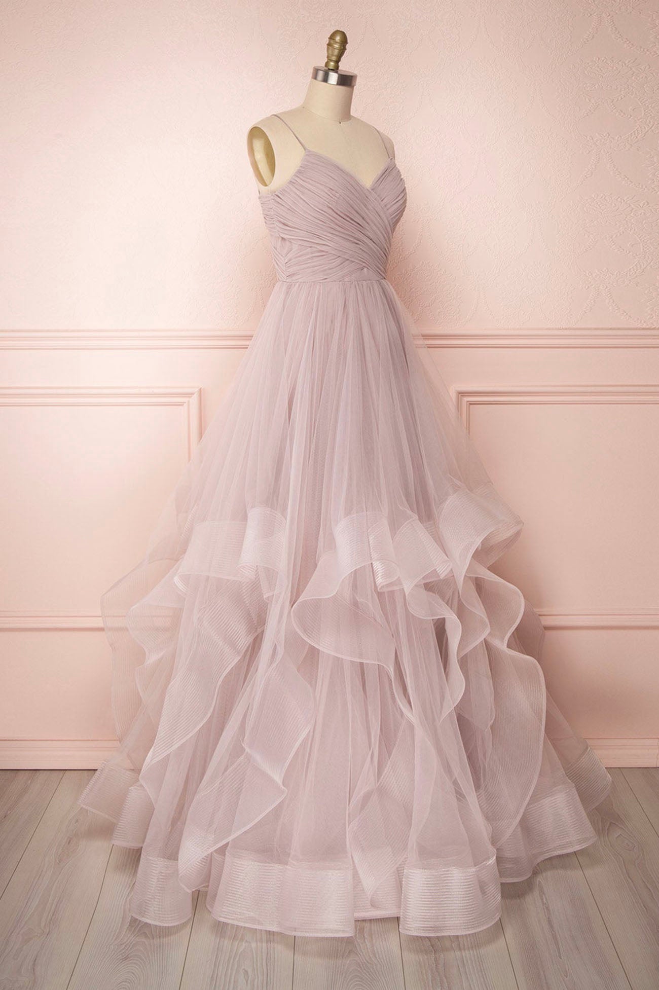 Prom Dresses Open Back, A-Line Tulle Layers Long Formal Dress, Cute V-Neck Evening Party Dress