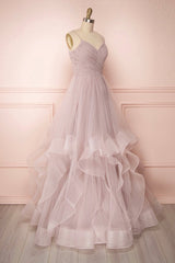 Prom Dresses Open Back, A-Line Tulle Layers Long Formal Dress, Cute V-Neck Evening Party Dress