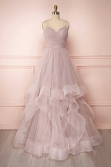 Prom Dress Cute, A-Line Tulle Layers Long Formal Dress, Cute V-Neck Evening Party Dress
