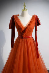Homecoming Dress Shopping, A-Line Tulle Long Prom Dress, Orange V-Neck Long Simple Evening Dress