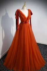 Homecoming Dress Shops, A-Line Tulle Long Prom Dress, Orange V-Neck Long Simple Evening Dress