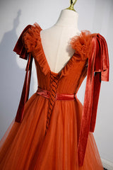 Homecoming Dresses Fashion Outfits, A-Line Tulle Long Prom Dress, Orange V-Neck Long Simple Evening Dress