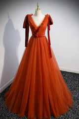 Homecoming Dresses Shop, A-Line Tulle Long Prom Dress, Orange V-Neck Long Simple Evening Dress