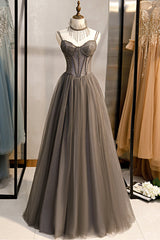 Prom Dress Fitted, A-Line Tulle Long Prom Dress with Beading, Cute Evening Party Dress