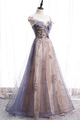 Prom Dress Curvy, A-Line Tulle Long Prom Dress with Sequins, Cute Scoop Neckline Evening Dress