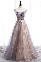 Prom Dresses Modest, A-Line Tulle Long Prom Dress with Sequins, Cute Scoop Neckline Evening Dress
