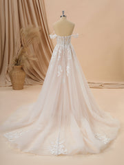 Wedding Dress Ball Gown, A-line Tulle Off-the-Shoulder Appliques Lace Cathedral Train Wedding Dress