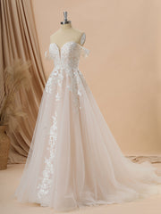 Wedding Dresses For Over 51S, A-line Tulle Off-the-Shoulder Appliques Lace Cathedral Train Wedding Dress