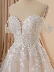 Wedding Dresses Off The Shoulder, A-line Tulle Off-the-Shoulder Appliques Lace Cathedral Train Wedding Dress