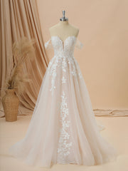 Wedding Dress Straps, A-line Tulle Off-the-Shoulder Appliques Lace Cathedral Train Wedding Dress
