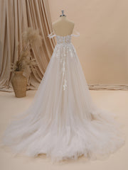 Wedding Dresses For Brides, A-line Tulle Off-the-Shoulder Appliques Lace Chapel Train Wedding Dress