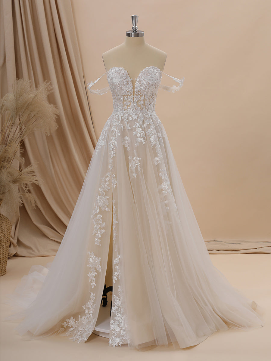 Wedding Dresses For Beach Wedding, A-line Tulle Off-the-Shoulder Appliques Lace Chapel Train Wedding Dress