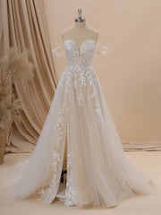 Wedding Dresses For Beach Wedding, A-line Tulle Off-the-Shoulder Appliques Lace Chapel Train Wedding Dress
