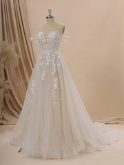 Wedding Dresses Satin, A-line Tulle Off-the-Shoulder Appliques Lace Chapel Train Wedding Dress