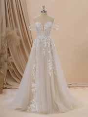 Wedding Dresses For Bride, A-line Tulle Off-the-Shoulder Appliques Lace Chapel Train Wedding Dress