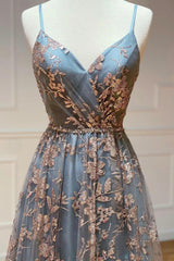 Prom Dress Sweetheart, A-Line Tulle Sequins Long Prom Dress, V-Neck Backless Evening Dress