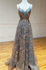 Prom Dress Long Beautiful, A-Line Tulle Sequins Long Prom Dress, V-Neck Backless Evening Dress