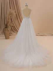 Wedding Dress Hire, A-line Tulle Spaghetti Straps Appliques Lace Chapel Train Corset Wedding Dress