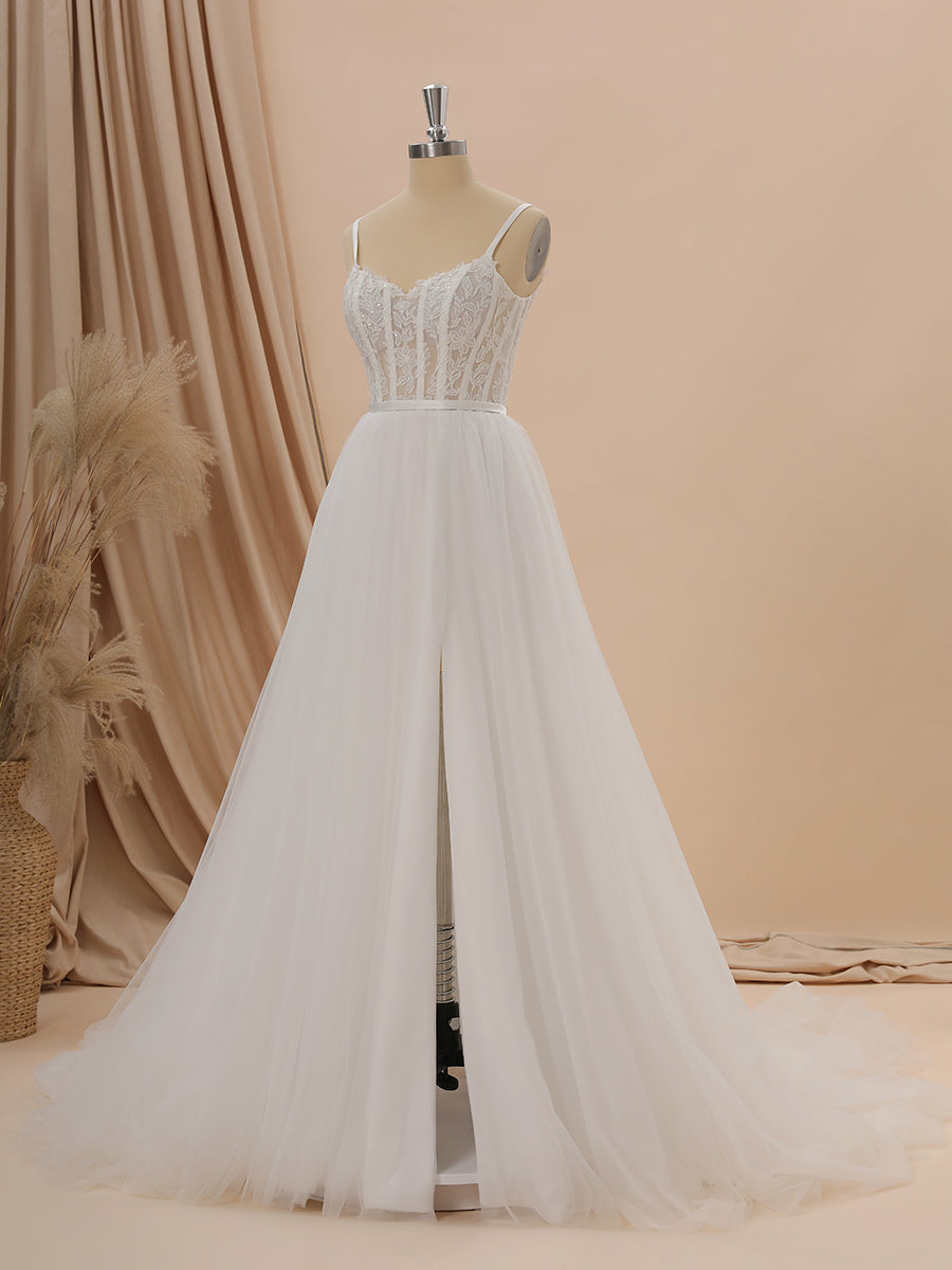 Wedding Dress Color, A-line Tulle Spaghetti Straps Appliques Lace Chapel Train Corset Wedding Dress
