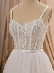 Wedding Dress Colors, A-line Tulle Spaghetti Straps Appliques Lace Chapel Train Corset Wedding Dress