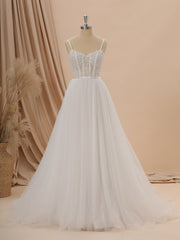 Weddings Dresses Styles, A-line Tulle Spaghetti Straps Appliques Lace Chapel Train Corset Wedding Dress
