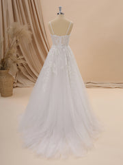 Wedding Dress For Bridesmaid, A-line Tulle Spaghetti Straps Appliques Lace Court Train Corset Wedding Dress