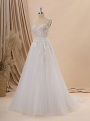 Wedding Dresses Designs, A-line Tulle Spaghetti Straps Appliques Lace Court Train Corset Wedding Dress