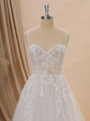 Wedding Dresses Design, A-line Tulle Spaghetti Straps Appliques Lace Court Train Corset Wedding Dress