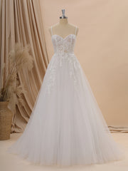 Wedding Dresses For Bridesmaid, A-line Tulle Spaghetti Straps Appliques Lace Court Train Corset Wedding Dress