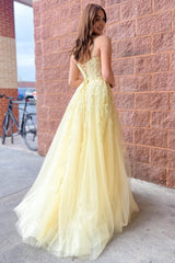 A-Line Tulle Spaghetti Straps Light Yellow Long Prom Dress with Appliques