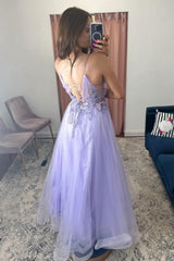 A-Line Tulle Spaghetti Straps Lilac Long Prom Dress with Appliques