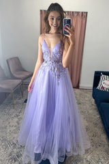 A-Line Tulle Spaghetti Straps Lilac Long Prom Dress with Appliques