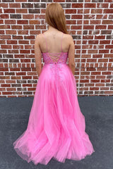 A-Line Tulle Spaghetti Straps Pink Long Prom Dress with Appliques