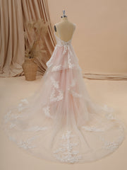 Wedsing Dresses Vintage, A-line Tulle Straps Appliques Lace Chapel Train Corset Wedding Dress